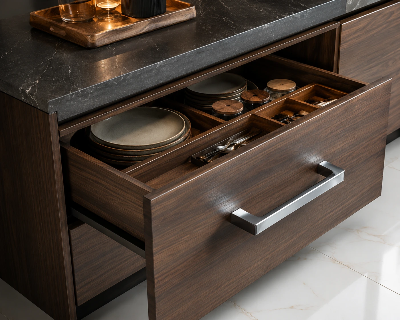 Close-up of premium brass cabinet hardware